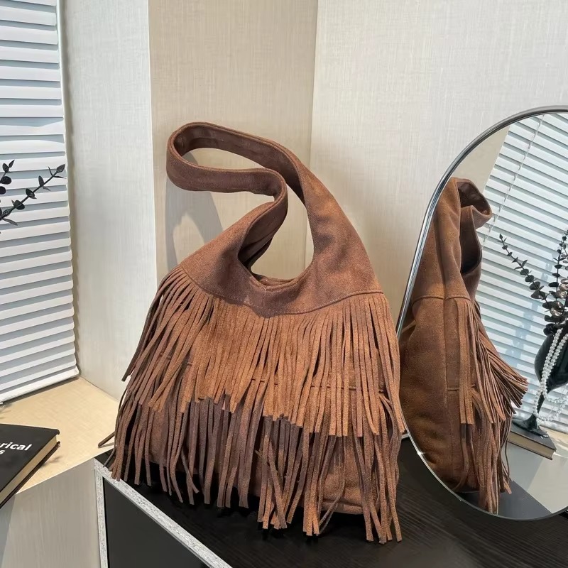 Luxury Bags On Sales - Faux Suede Tassel Shoulder Bags Large