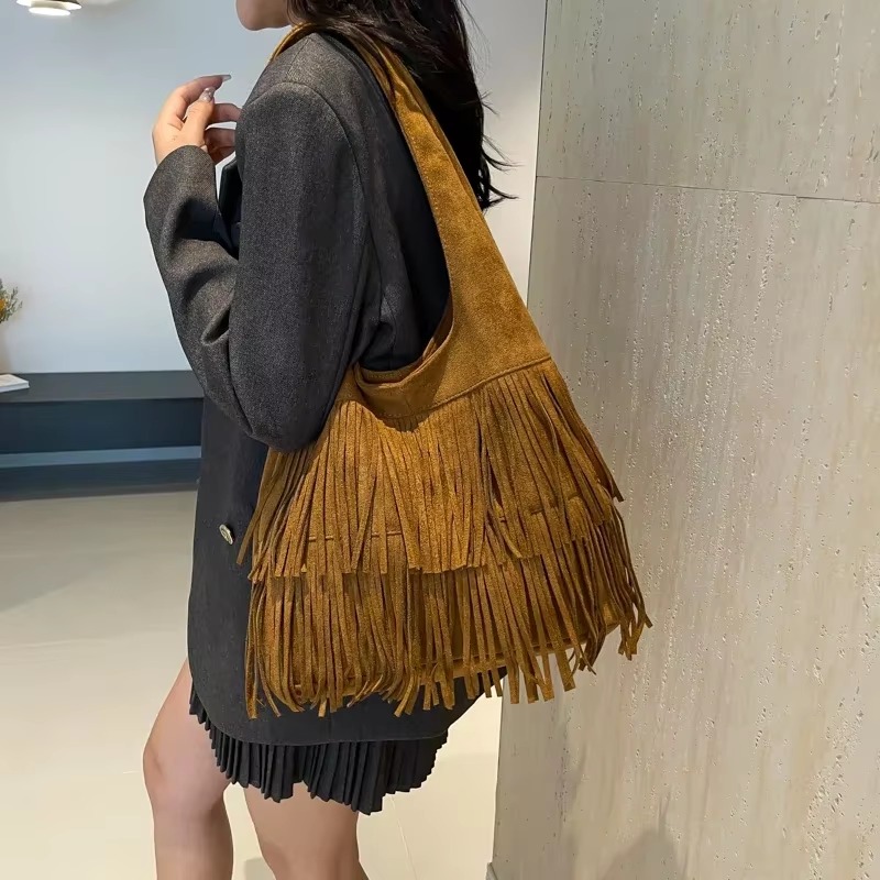 Faux Suede Tassel Shoulder Bag - đánh giá và giá Luxury Bags On Sales