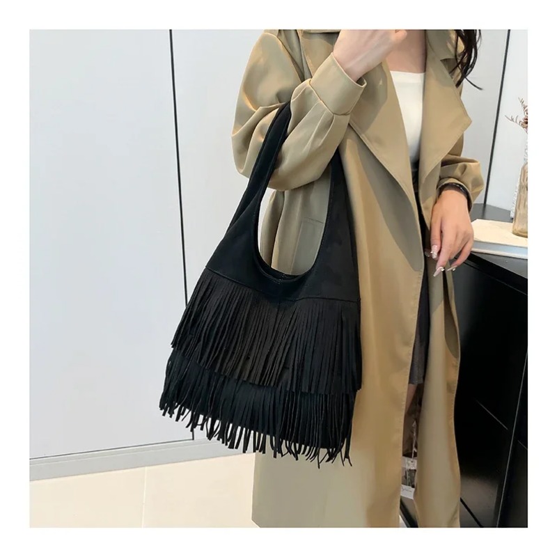 Faux Suede Tassel Shoulder Bag - đánh giá và giá Luxury Bags On Sales